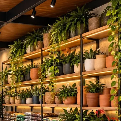 Prateleiras com folhagens e plantas pendentes