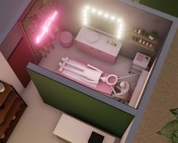 Maquete do studio visto de cima, à noite: maca rosé, painel de plantas com o neon Emily Lima, bancada com espelho de camarim e prateleiras de produtos