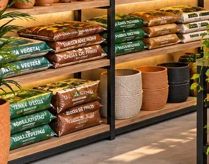 Sacos de terra empilhados na prateleira