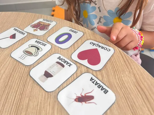Cartas com figuras e palavras sobre a mesa, usadas para trabalhar os sons da fala