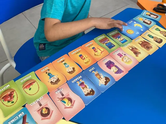 Fileira de cartas coloridas com conceitos como em cima, leve e pesado