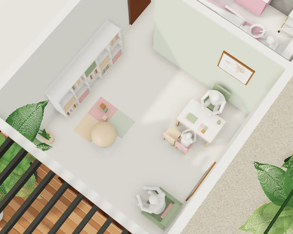 Maquete do consultório visto de cima: mesa baixa de atendimento com a cadeirinha da criança, espelho, estante de jogos, tapete com bola e poltrona para a família